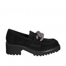 Woman's mocassin with silver-colored braided chain in black suede heel 5 - Available sizes:  34, 43