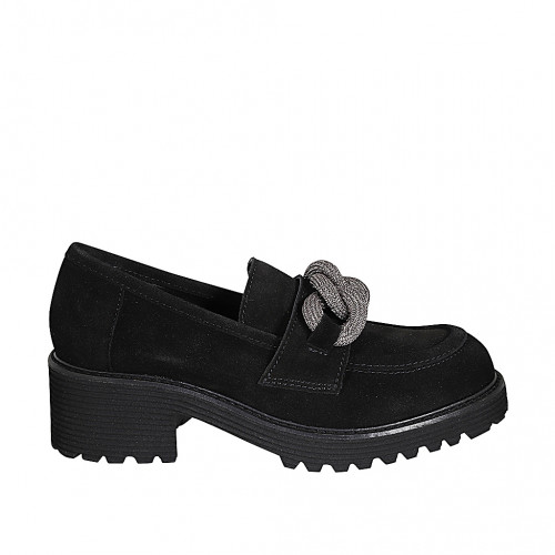 Mocassin pour femmes avec chaîne tressé de couleur argent en daim noir talon 5 - Pointures disponibles:  32, 34, 43