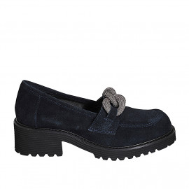 Woman's mocassin with silver-colored braided chain in blue suede heel 5 - Available sizes:  43, 44, 45