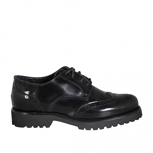 Chaussure derby à lacets pour femmes en cuir brossé noir avec decoration Brogue talon 3 - Pointures disponibles:  33, 43