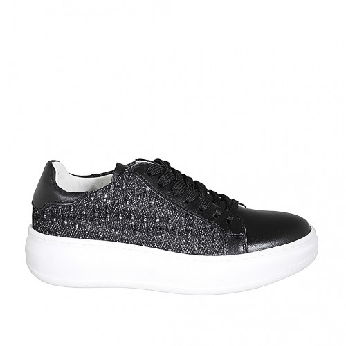 Sneaker stringata da donna con plantare estraibile in pelle e glitter nero zeppa 4 - Misure disponibili: 42, 43