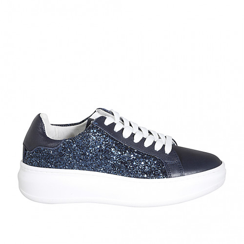 Woman's laced sneaker with removable insole in blue leather and glitter wedge heel 4 - Available sizes:  34, 42, 43, 44