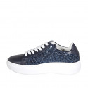 Woman's laced sneaker with removable insole in blue leather and glitter wedge heel 4 - Available sizes:  34, 42, 43, 44