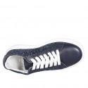 Woman's laced sneaker with removable insole in blue leather and glitter wedge heel 4 - Available sizes:  34, 42, 43, 44