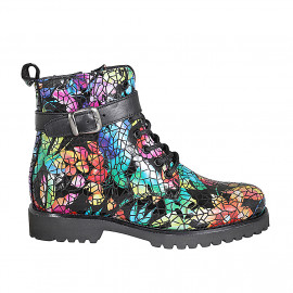 Woman's laced ankle boot with zipper and buckle in black and multicolored printed leather heel 5 - Available sizes:  42