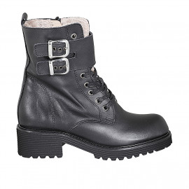 Woman's laced ankle boot with zipper and buckles in black leather heel 5 - Available sizes:  32, 33, 42, 45