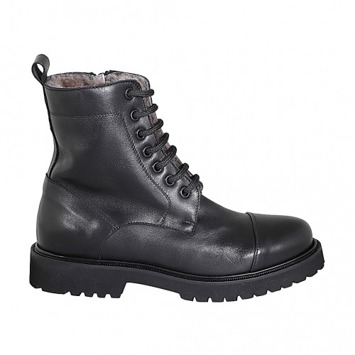 Botin para mujer con cordones, puntera y cremallera en piel negra tacon 3 - Tallas disponibles:  32, 33, 43, 44