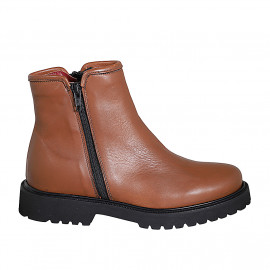 Woman's ankle boot with zippers in cognac brown leather heel 3 - Available sizes:  32, 33, 43, 44, 45