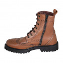 Botin para mujer con cordones, punta Brogue y cremallera en piel cognac tacon 3 - Tallas disponibles:  32, 33, 43, 44, 45