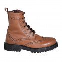 Botin para mujer con cordones, punta Brogue y cremallera en piel cognac tacon 3 - Tallas disponibles:  32, 33, 43, 44, 45