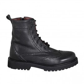 Bottines pour femmes avec lacets, bout Brogue et fermeture éclair en cuir noir avec talon 3 - Pointures disponibles:  32, 33, 45