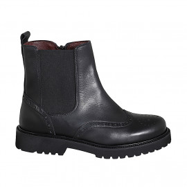 Botin para mujer con elástico, punta Brogue y cremallera en piel negra tacon 3 - Tallas disponibles:  32, 33