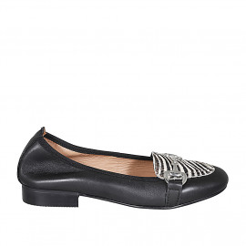 Woman's loafer shoe with accessory in black and striped black and white leather heel 2 - Available sizes:  32, 33, 42, 43, 44