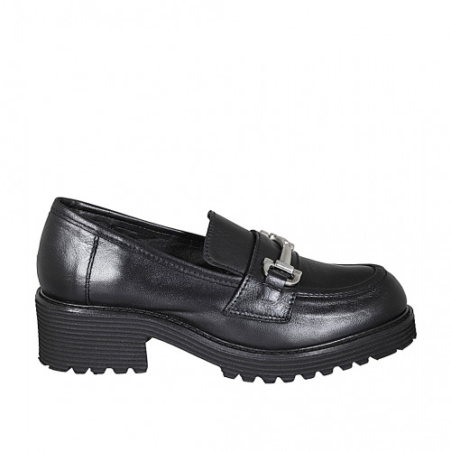 Woman's mocassin in black leather with accessory heel 5 - Available sizes:  32, 42, 43, 44, 45