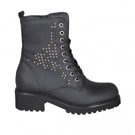 Botin para mujer con cremallera, tachuelas y cordones en piel mate negra tacon 5 - Tallas disponibles:  32, 34, 42, 43, 44