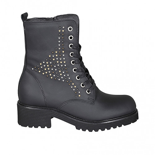 Bottines pour femmes à lacets avec fermeture éclair et goujons en cuir mat noir talon 5 - Pointures disponibles:  32, 34, 42, 43, 44