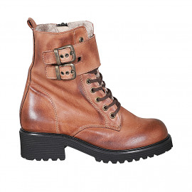 Woman's laced ankle boot with zipper and buckles in cognac brown leather heel 5 - Available sizes:  42, 43, 45