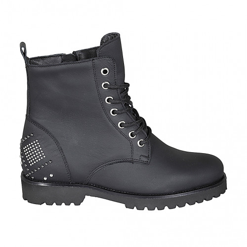 Woman's laced ankle boot with zipper and studs in matt black leather heel 3 - Available sizes:  43, 44