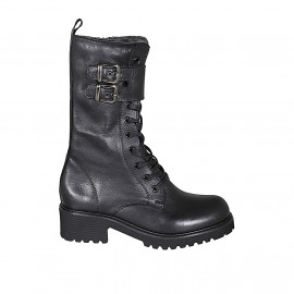 Bota para mujer con cordones, hebillas y cremallera en piel negra tacon 5 - Tallas disponibles:  33, 44