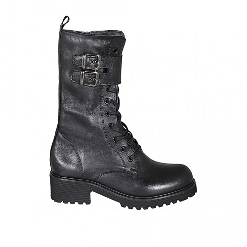 Woman's laced ankle boot with buckles and zipper in black leather heel 5 - Available sizes:  33, 44