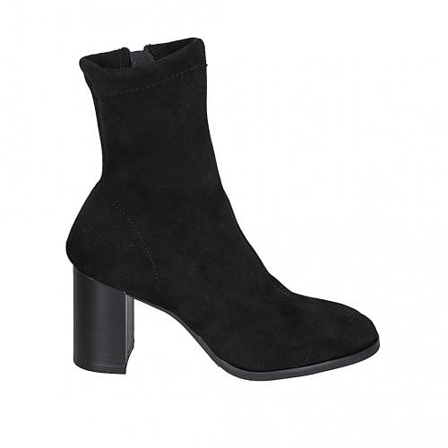 Botines para mujer en gamuza y material elástico negro con cremallera tacon 8 - Tallas disponibles:  33, 44, 45