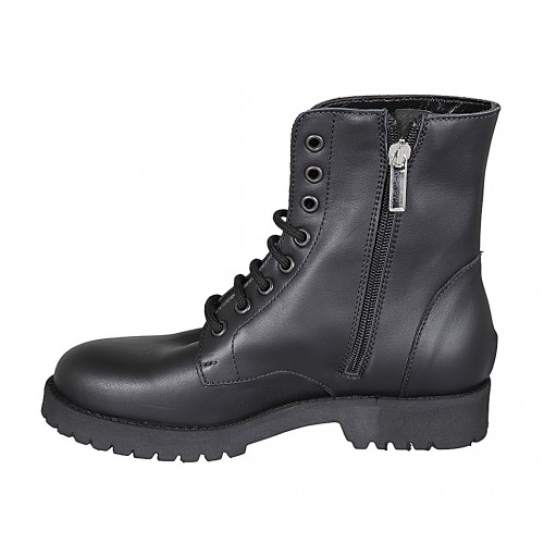 Bottines pour femmes à lacets avec fermeture éclair en cuir lisse noir avec talon 3 - Pointures disponibles:  32, 33, 42, 43, 44