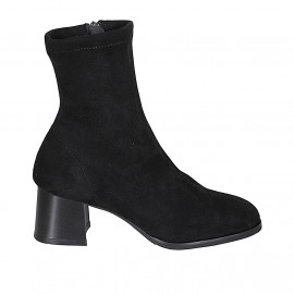 Botines para mujer en gamuza y material elástico negro con cremallera tacon 5 - Tallas disponibles:  32, 33, 43, 45