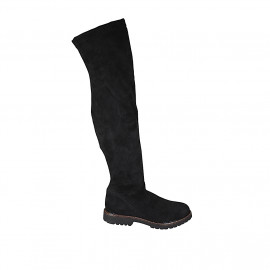 Botas a la rodilla para mujer en gamuza y material elastico negro con media cremallera tacon 3 - Tallas disponibles:  33, 43, 45