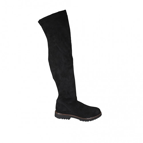 Stivale sopra al ginocchio da donna in camoscio ed elasticizzato nero con mezza cerniera tacco 3 - Misure disponibili: 33, 42, 43, 44, 45, 46