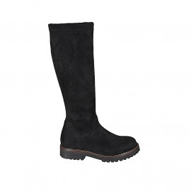 Botas a la rodilla para mujer en gamuza y material elastico negro con cremallera tacon 3 - Tallas disponibles:  32, 34