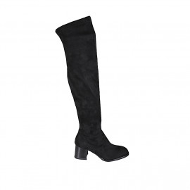 Botas sobre la rodilla para mujer en gamuza y material elastico negro con media cremallera tacon 5 - Tallas disponibles:  33, 34, 43