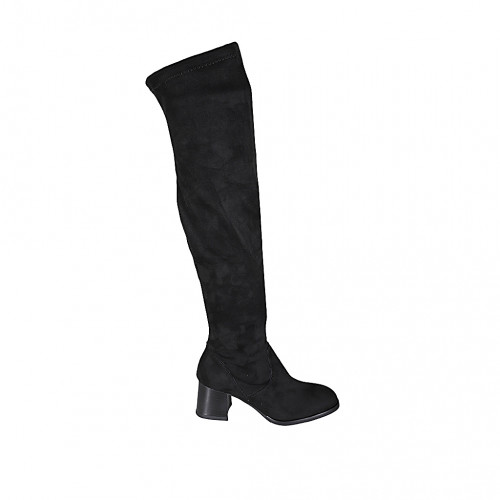 Bottes au dessus de genou pour femmes en daim et matériau elastique noir avec demi fermeture éclair talon 5 - Pointures disponibles:  32, 33, 34, 42, 43, 44, 45