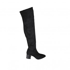 Botas a punta sobre la rodilla en gamuza y material elastico negro con media cremallera para mujer tacon 5 - Tallas disponibles:  34, 42, 43