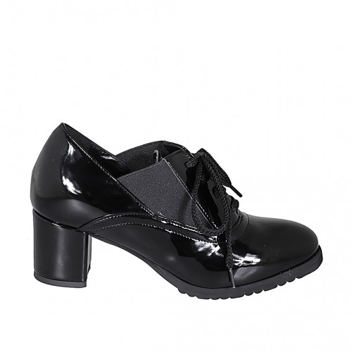 Chaussure richelieu avec lacets, elastique et semelle amovible pour femmes en cuir verni noir talon 6 - Pointures disponibles:  32, 42, 43, 44, 45