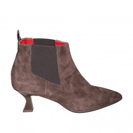 Botines a punta para mujer con elasticos en gamuza marron tacon 6 - Tallas disponibles:  35, 43, 45