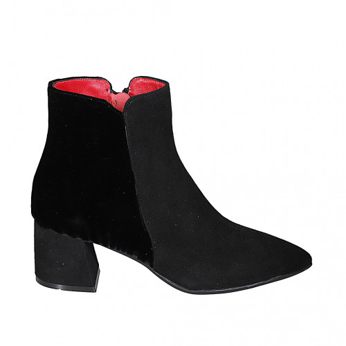 Botin puntiagudo para mujer con cremallera en gamuza y terciopelo negra tacon 6 - Tallas disponibles:  32, 33, 34, 35, 42, 43, 44, 45