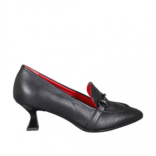 Woman's pointy elegant mocassin with accessory in black leather heel 6 - Available sizes:  32, 33, 34, 35, 42, 43, 44, 45