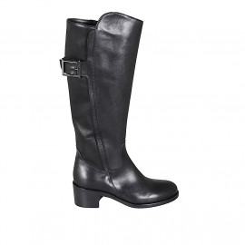 Woman's boot with buckle and zipper in black leather heel 5 - Available sizes:  32, 33, 42, 43, 44, 45