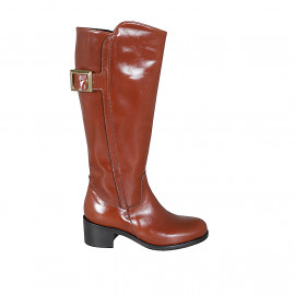 Woman's boot with buckle and zipper in cognac brown leather heel 5 - Available sizes:  32, 33, 34, 43, 44, 45, 46