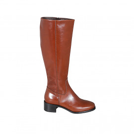 Woman's boot with zipper in cognac brown leather with heel 5 - Available sizes:  33, 43, 44