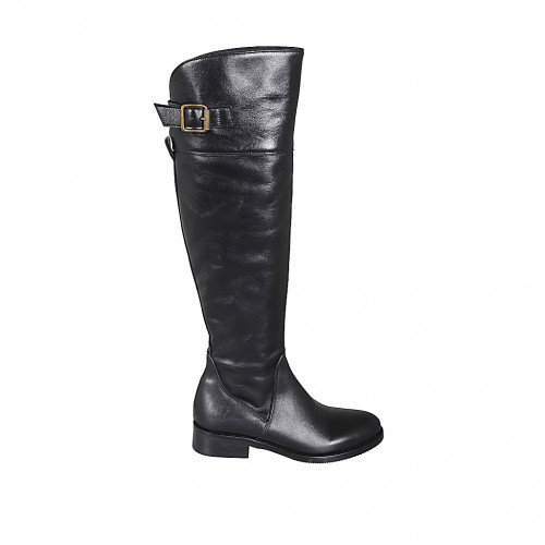 Bottes au genou pour femmes en cuir noir avec fermeture éclair et boucle talon 3 - Pointures disponibles:  33, 34, 42, 43, 44, 45, 46