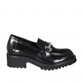 Mocassin pour femmes en cuir brossé noir avec accessoire talon 5 - Pointures disponibles:  45