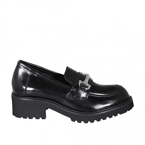 Mocassin pour femmes en cuir brossé noir avec accessoire talon 5 - Pointures disponibles:  44, 45