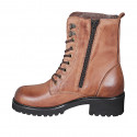 Woman's laced ankle boot with zippers in cognac brown leather heel 5 - Available sizes:  45