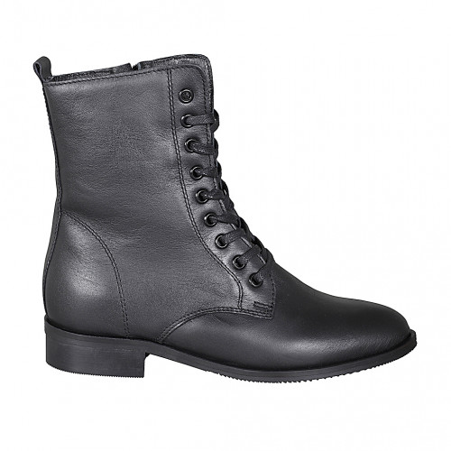 Botin para mujer con cremallera y cordones en piel lisa negra tacon 3 - Tallas disponibles:  32, 33, 42, 44