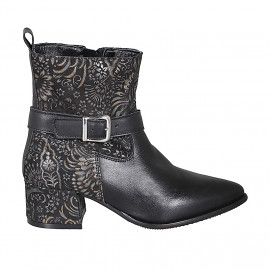 Woman's pointy ankle boot with zipper and buckle in bronze printed suede and black leather heel 5 - Available sizes:  32, 33, 42, 43, 45