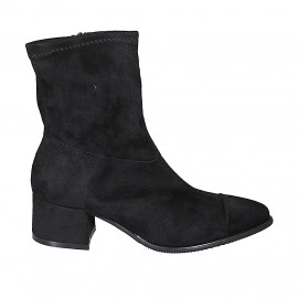 Woman's pointy ankle boot in black elastic suede and suede with zipper and captoe heel 5 - Available sizes:  32, 33, 34, 42, 45