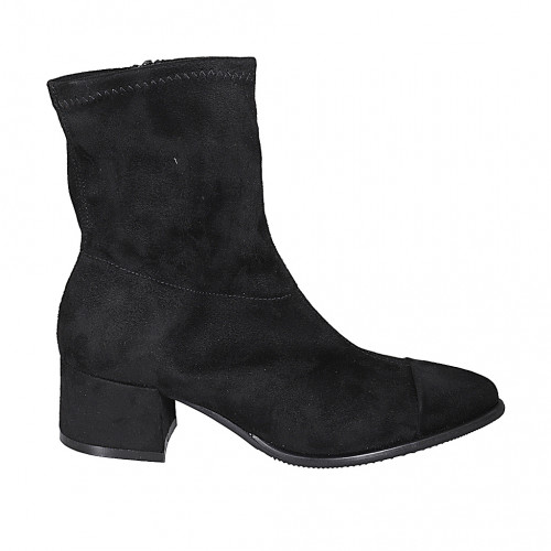 Woman's pointy ankle boot in black elastic suede and suede with zipper and captoe heel 5 - Available sizes:  32, 33, 34, 42, 43, 44, 45