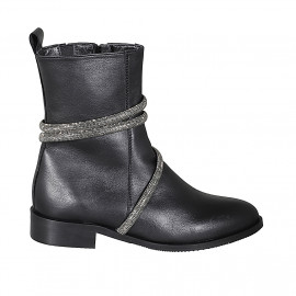 Woman's ankle boot with rhinestone accessory and zipper in black leather heel 3 - Available sizes:  32, 34