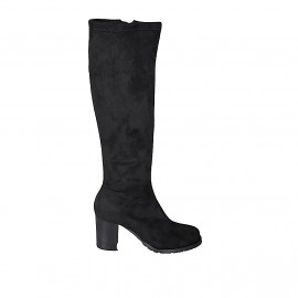 Botas a la rodilla para mujer en gamuza y material elastico negro con cremallera tacon 7 - Tallas disponibles:  32, 43